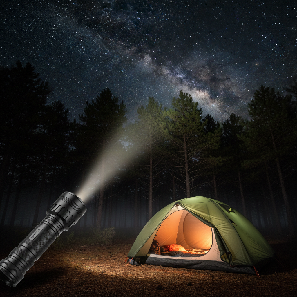 LumeX Pro — Lanterna tática em camping, tenda iluminada, ambiente noturno