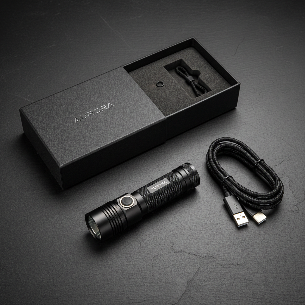 LumeX Pro — Kit completo: lanterna, cabo USB-C e embalagem premium