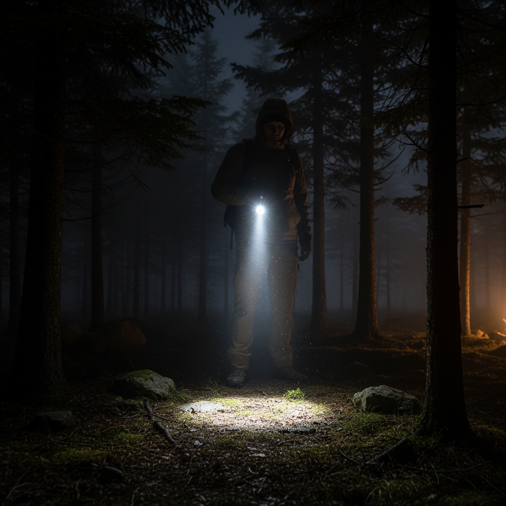 LumeX Pro — Lanterna táctica em uso noturno ao ar livre, feixe de luz potente