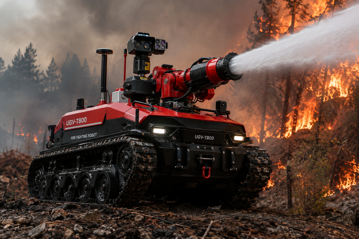 UGV-T800 Robô Bombeiro em operação de combate a incêndios
