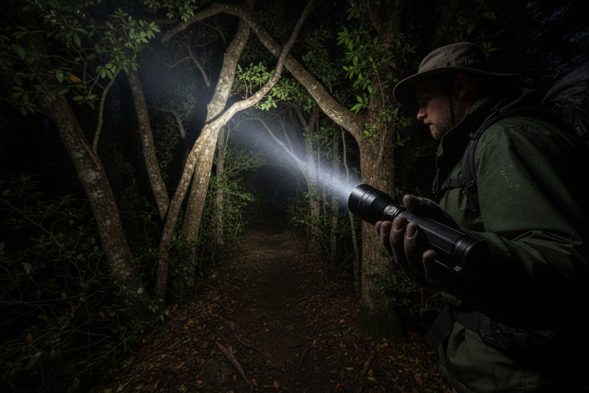 LumeX Pro – Feixe de 1200 lúmens em floresta nocturna