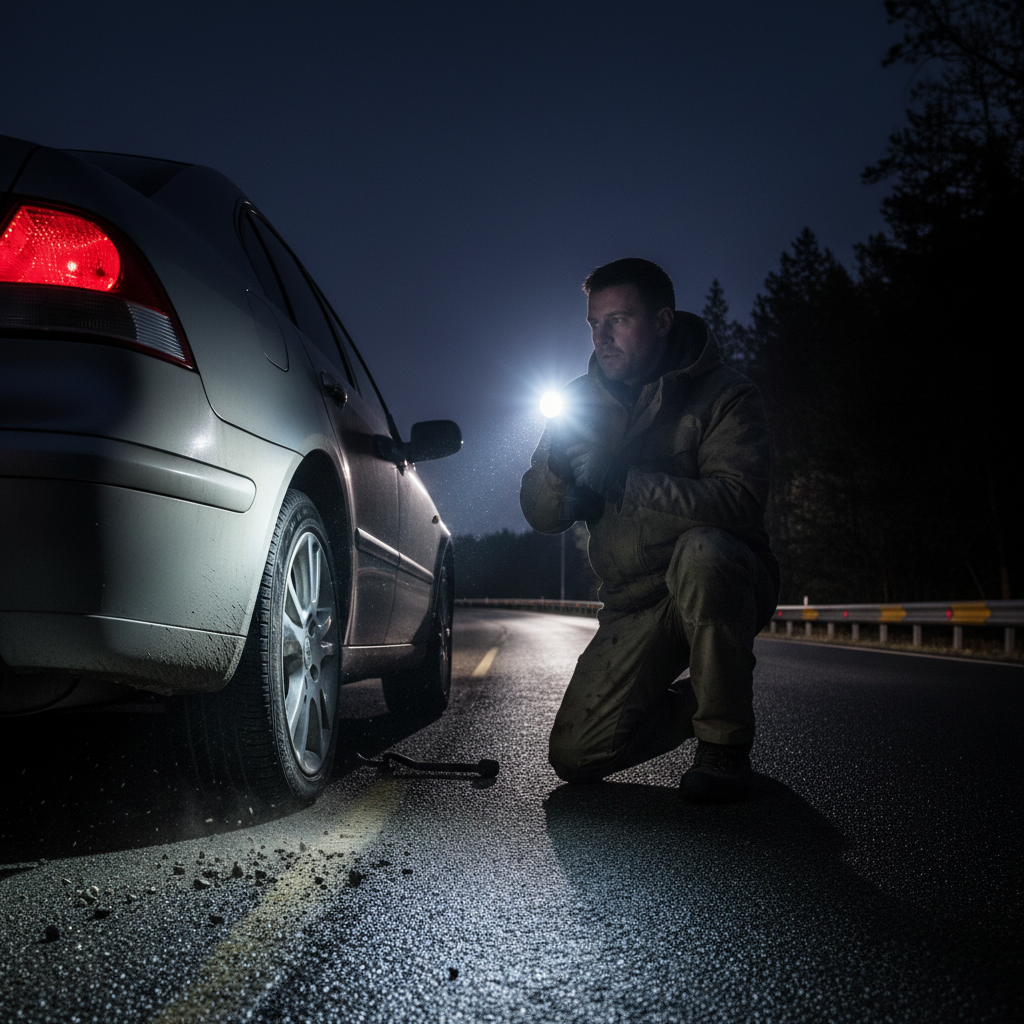 LumeX Pro — Emergência na estrada, pneu furado de noite, lanterna tática em uso